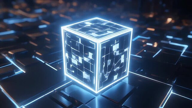 Glowing digital cube floating in a futuristic grid, symbolizing data, innovation, and advanced technology, ideal for blockchain, AI, fintech, and modern tech branding visuals.