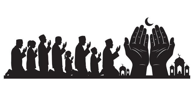 Silhouette of Muslims praying together with hands raised in worship under crescent moon