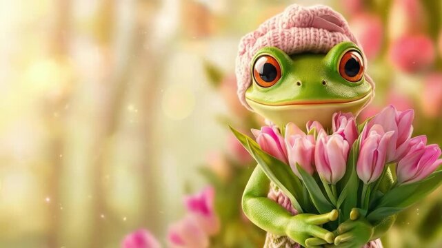 Frog in pink knit hat holding tulips with soft bokeh background. March 8, International Women's Day. Mother's Day. Spring