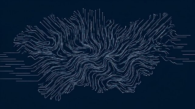 Abstract wavy lines forming a complex pattern on dark blue background.