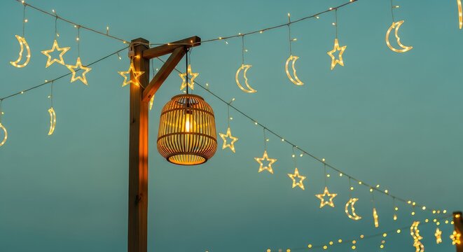 Glowing string lights with star and moon shapes hanging from a wooden pole at dusk or dawn with a lantern
