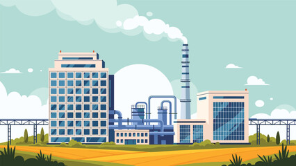 Obraz premium Industrial manufacturing complex featuring a tall smokestack and a multi-story office building situated in a vast agricultural landscape.