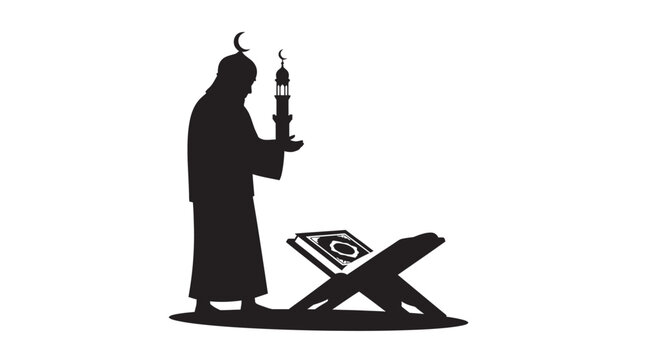 Orthodox Jewish man reading Torah scroll on bimah with yad in a silhouette style