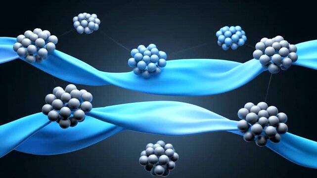 Silver nanoparticles attached to blue wavy ribbons on dark background.