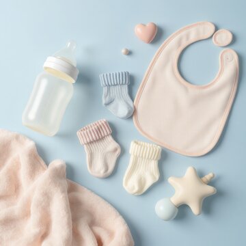 Baby essentials flat lay bottle, socks, bib, rattle, heart, blanket, on light blue background.