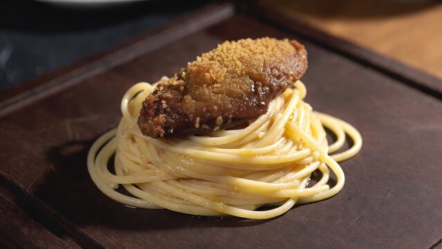 Gourmet dish of bucatini with crispy breaded chicken on wooden plate.