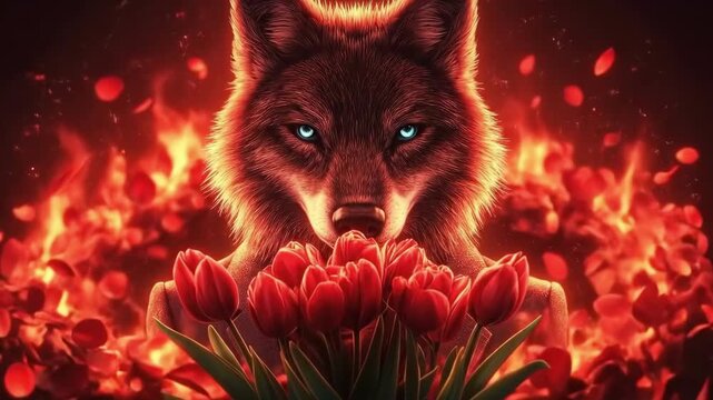 Anthropomorphic wolf holding red tulips amidst glowing petals. March 8, International Women's Day. Mother's Day. Spring