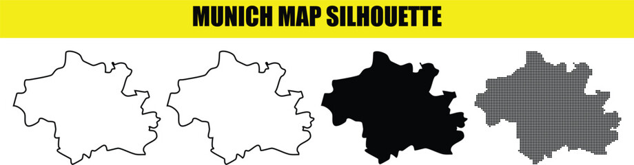 Naklejka premium Munich map silhouette set, germany, collection of vector maps, black and white color, outline and dot map