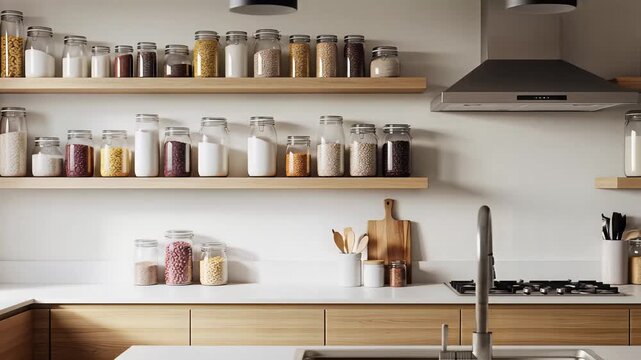 Modern Kitchen Design with Open Shelving Displaying Ingredients, Ideal for Culinary Arts and Vishu Festival Preparations