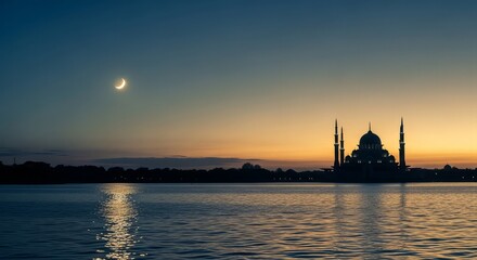 Naklejka premium Silhouette of a mosque by a serene lake at sunset with a crescent moon in the evening sky