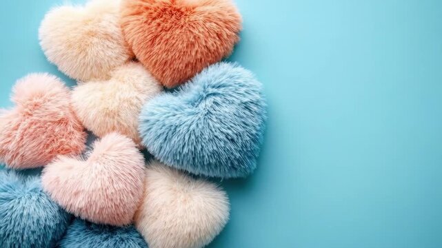 Colorful fluffy heart-shaped pillows on blue background. The 14th of February. Happy Valentine's Day