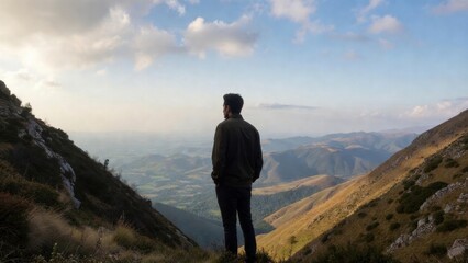 Fototapeta premium Young caucasian male admiring breathtaking mountain landscape.