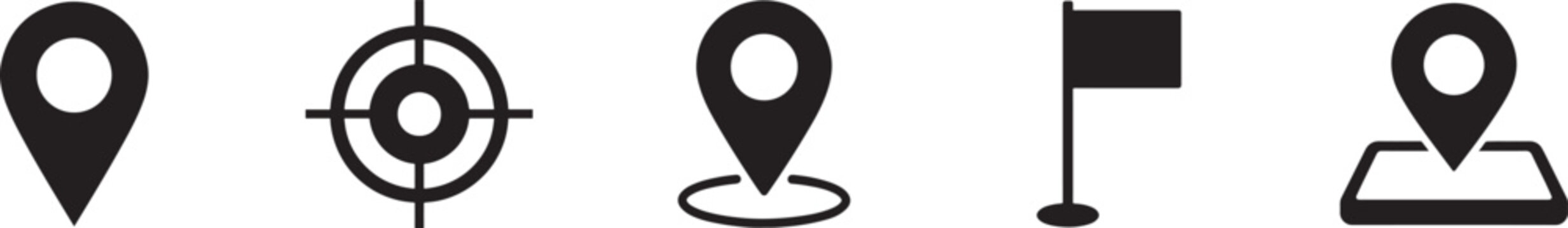 GPS map pin icon set with location, current position, tracking and navigation symbols.