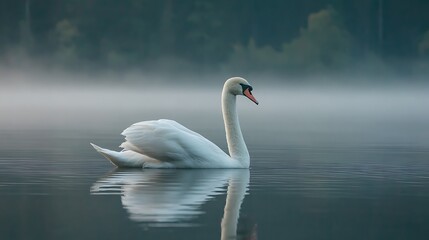 Fototapeta premium Elegant white swan gliding across tranquil water, reflected in the misty lake with trees in background