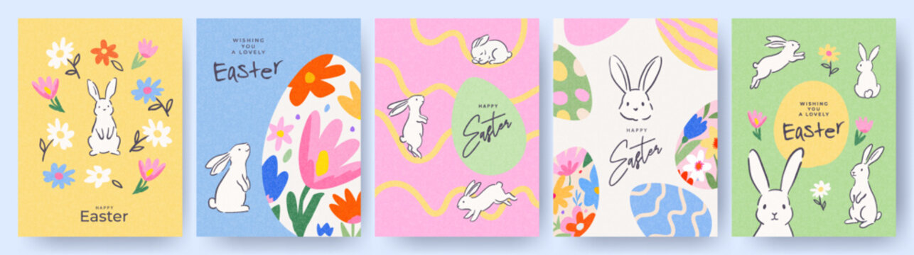 Happy Easter set of greeting cards, posters, holiday covers. Trendy design templates with typography, hand drawn Easter eggs and Easter bunny, spring flowers, polka dots and stripes in pastel colors.