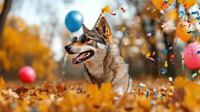 Happy dog celebrates outdoors with party hat and sunglasses amid colorful balloons and confetti
