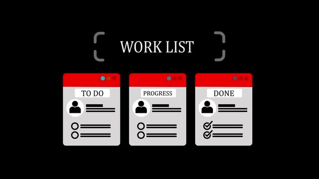 Project work list management board with to do, progress and completed task status cards.with black background,and 4k video animation.