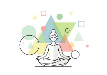Obraz premium A serene Vector Flat Design Ilustration of a meditating person in a lotus position with colorful geometric shapes and minimalist lines on a clean white background.