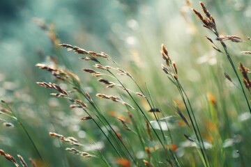 Sunlit Meadow Grasses Golden Field of Wild Wheatgrass Warm Glow on Greenery Serene Nature Scene Summer Field with Grasses Swaying in Gentle Breeze Ethereal Bokeh Light