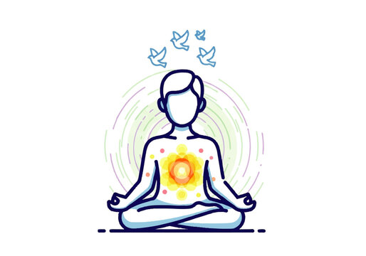 Vector flat design illustration of a meditating person in lotus position with a glowing yellow and orange chakra surrounded by colorful lines and birds in a peaceful atmosphere.
