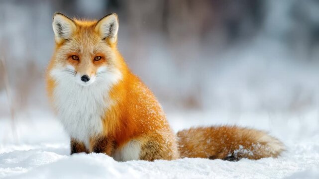 Red fox sitting in the snow during winter