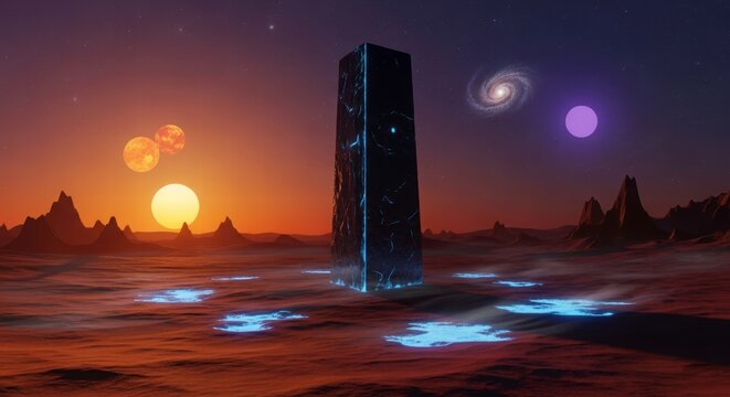 Mysterious Monolith in Alien Landscape: An enigmatic monolith stands tall amidst an alien terrain, with a breathtaking cosmos as a backdrop, inviting contemplation of the unknown.