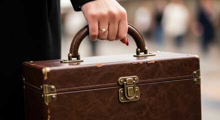 Female hand firmly grips the handle of a vintage brown leather case outdoors