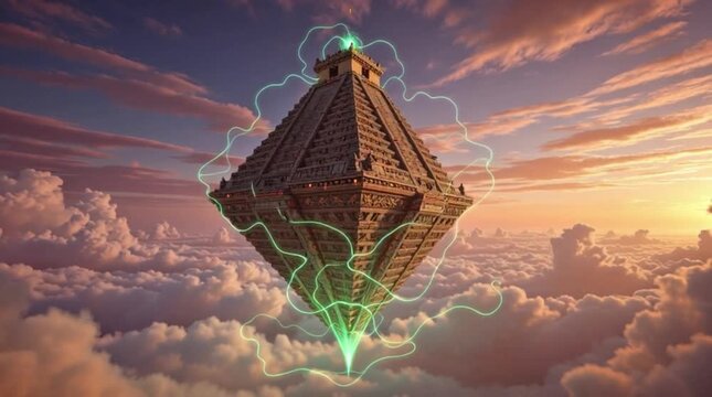 Floating Aztec Pyramid Structure Above Clouds Illuminated by Green Energy