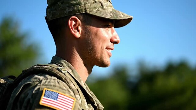 Proud Young American Soldier in Camouflage Uniform Smiling in Outdoor Sunlit Setting Representing Service and Patriotism for the United States Military