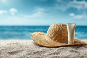 Beach Bliss Sun Hat and Sunscreen Vacation Beach Getaway Skincare Protection Summer Essentials Relaxation Tropical Seascape Sandy Shore Ocean View Aqua Horizon Peaceful Scene
