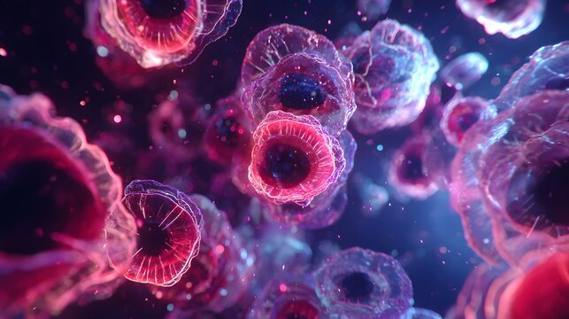 Vibrant Microscopic View of Cellular Structures in a Biological Environment.