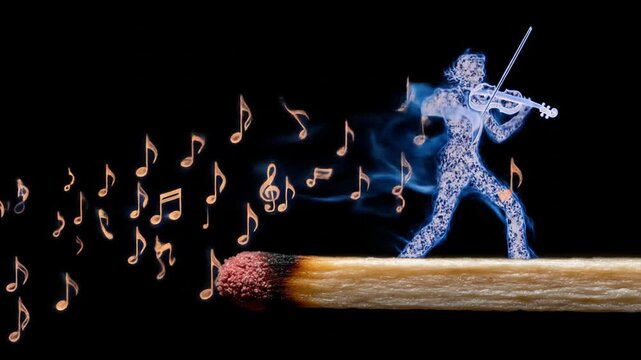 Abstract violinist playing music notes on black background