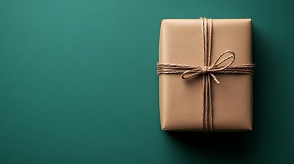 A beautifully wrapped gift box with a twine bow on a dark green background
