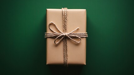 A beautifully wrapped gift box with a delicate twine bow on a dark green background