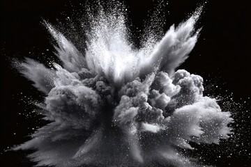 Explosive White Powder Cloud Burst Dust Cloud Explosion with Debris on Black Background Digital Art Design Powder Blast Cloudscape Formation Dynamic Explosion
