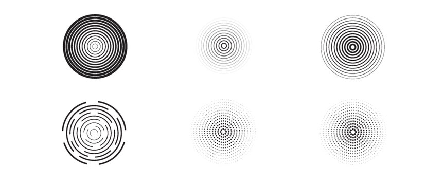 Black concentric circle set. Sonar or sound wave ring collection. Dotted and linear epicentre, target, radar icon concept. Ripple radial signal or vibration elements. Vector line and halftone symbols