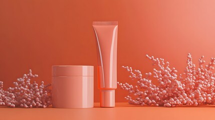Aesthetic pink skincare products arranged on a wooden surface