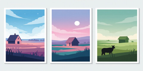 Minimal Countryside Landscape Illustration Poster Set with Cozy Houses, Open Fields, and Soft Sky Gradients for Modern Wall Art and Scenic Design