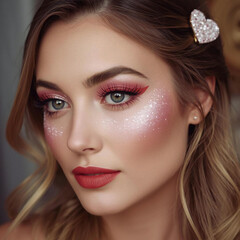 Romantic Valentine&rsquo;s Day Makeup Look with Glitter and Red Lipstick Close-up