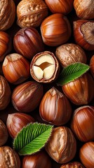 Fototapeta premium Fresh Hazelnuts with Green Leaves Close-Up