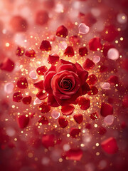 Single Red Rose Surrounded by Petals and Golden Valentine Glow