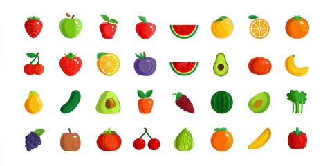 Obraz premium Colorful collection of various fruits including strawberries, apples, watermelons, oranges, and bananas arranged in a grid pattern on a white background