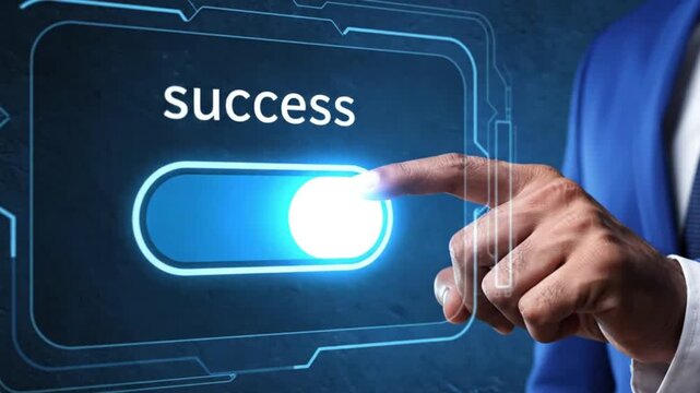 Person touching virtual success button on blue background with glowing interface elements