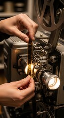 Fototapeta premium Technician delicately threads motion picture through an antique mechanical projection device