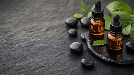 Aromatherapy oils and stones arranged on a dark surface with green leaves.