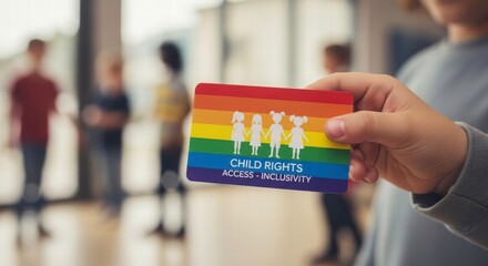 Child Rights Card Display: A child holds up a vibrant card promoting child rights, symbolizing access, and inclusivity, in front of a diverse group, promoting the importance of children