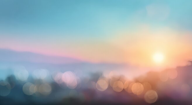 Blurred landscape view of a sunset over hills with soft pastel colors and bokeh effect, creating a serene and tranquil atmosphere in the background