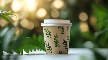 A cup of coffee with a leaf pattern on a white table in a garden.