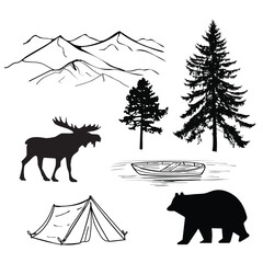 Hand-drawn vector illustration set of outdoor camping and wilderness elements