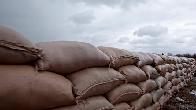 Rows of tightly packed sandbags create a protective barrier against potential flooding or damage The rough texture and earthy tones suggest resilience and preparedness under a cloudy sky